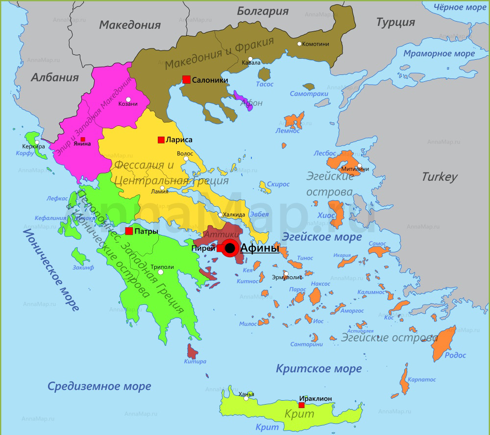 Карта Греции. Области и регионы.